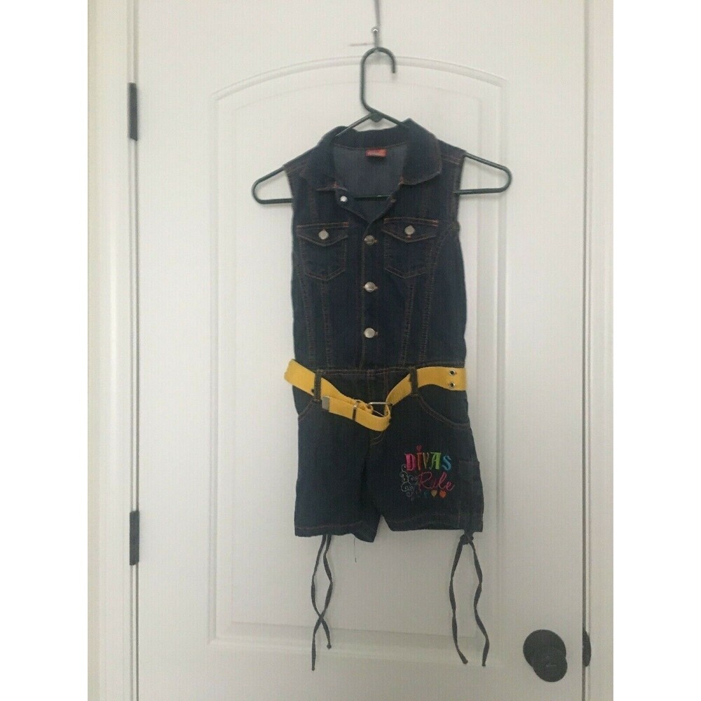 Girls Denim Romper Jumpsuit Belted "Divas Rule" Blue Size 7/8